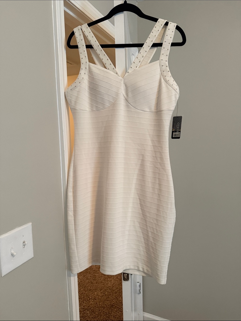 Guess Ivory Bandage Mini Dress with Studded Double Straps
